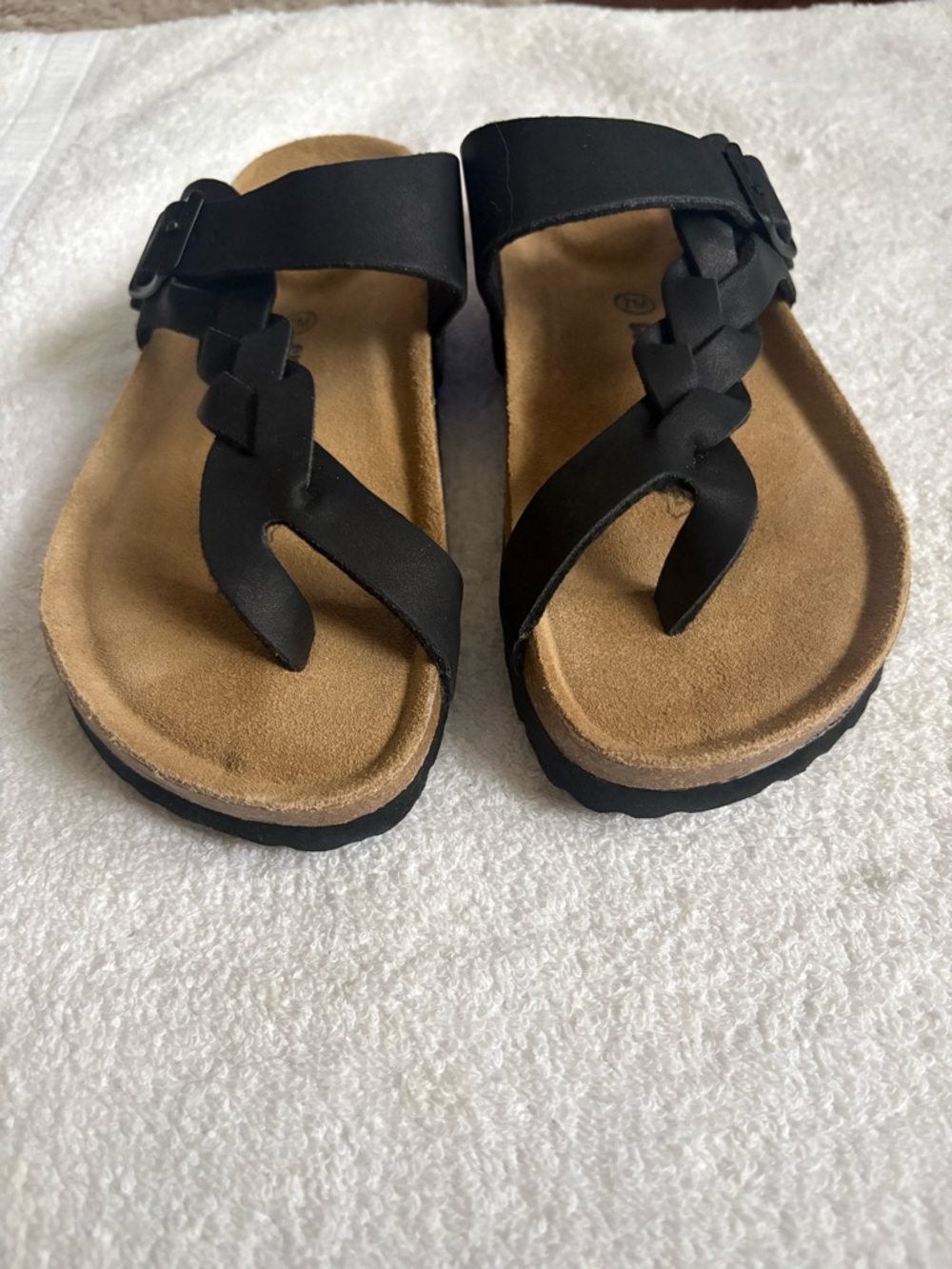 Cushionaire Women Sz 7M  Black Braided Toe-Post Cork comfort Sandals leather - Picture 5 of 7